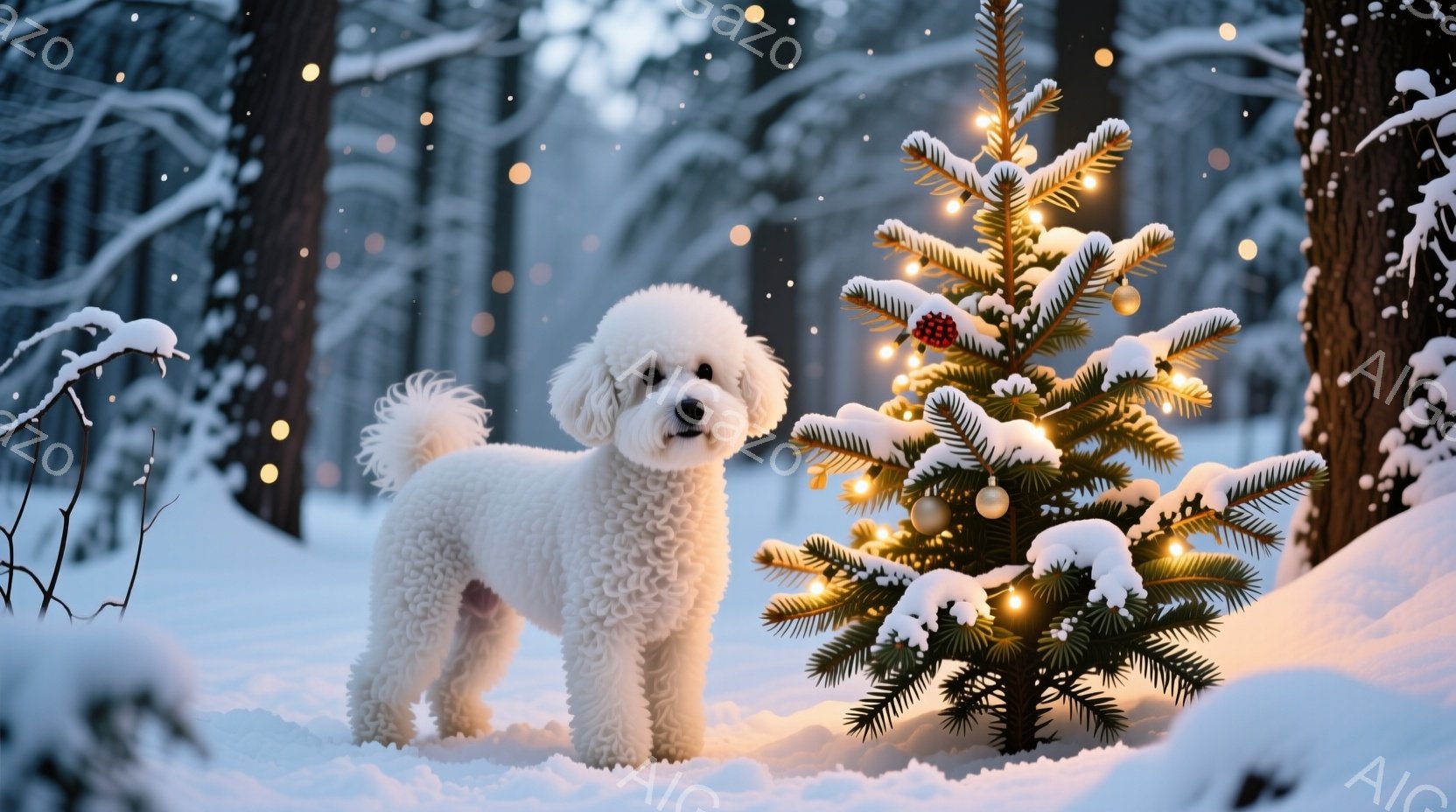 白い巻き毛のトイプードルが雪景色の中で立っており、背景にはクリスマスの飾り付けがされた小さなモミの木があります。犬は正面を向き、穏やかな表情で、まるで冬のワンダーランドの守護者のように見えます。雪が舞い散る森の中で、犬とモミの木の間に温かく幻想的な雰囲気が漂っています。