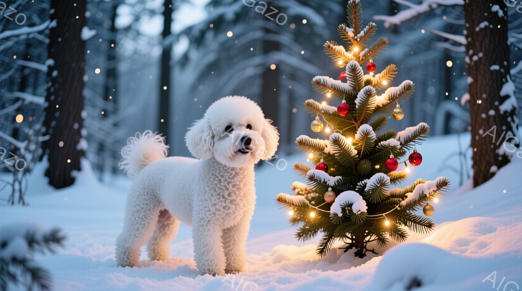 白い巻き毛の犬が雪景色の中でクリスマスツリーの隣に立っている。犬は少し微笑んでおり、楽しそうな表情をしている。背景には雪に覆われた木々が立ち並び、暖かく幻想的な冬の雰囲気を醸し出している。 - AI生成フリー素材