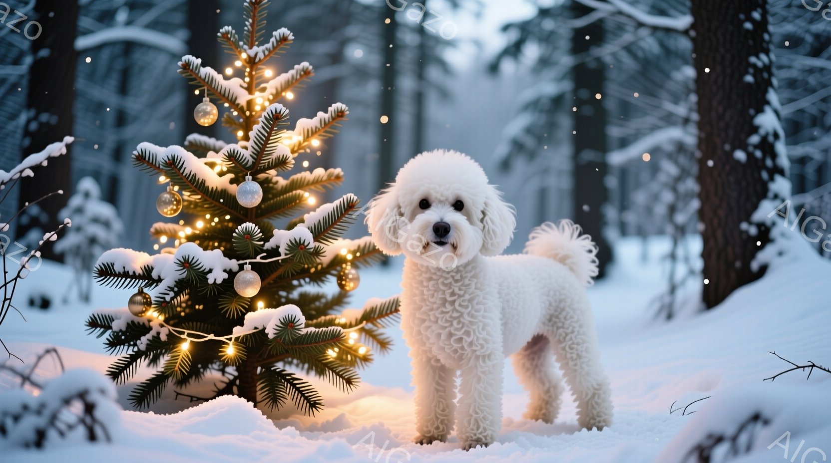 白い巻き毛の犬が雪景色の中でクリスマスツリーの前に立っている。ツリーは飾り付けられており、暖かく輝く光を放っている。背景は雪に覆われた木々で、冬の静寂と温かい祝祭の雰囲気が漂っている。 - AI生成フリー素材