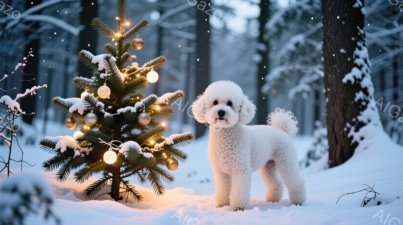 白い巻き毛の犬が雪景色の中でクリスマスツリーの前に立っています。ツリーには電飾とオーナメントが輝き、犬は少し緊張した表情でカメラを見ています。背景は雪に覆われた木々で、冬の静かで幻想的な雰囲気が漂って - AI生成フリー素材