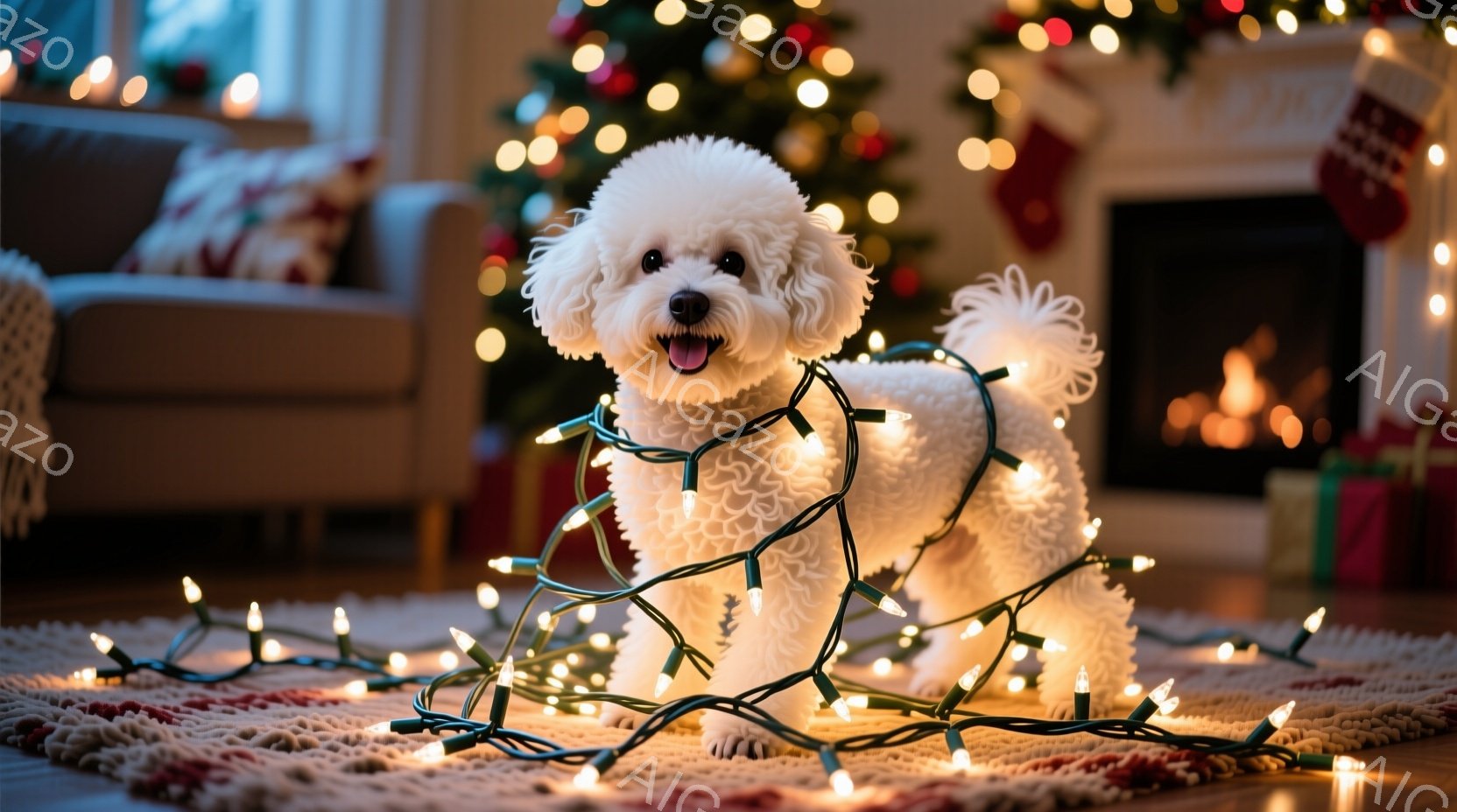 白い巻き毛の犬が、クリスマスのイルミネーションライトに絡まれて座っています。犬は口を開けて楽しそうに微笑んでおり、その姿は遊び心に満ちています。背景には、クリスマスツリーや暖炉が見え、室内全体が温かく - AI生成フリー素材