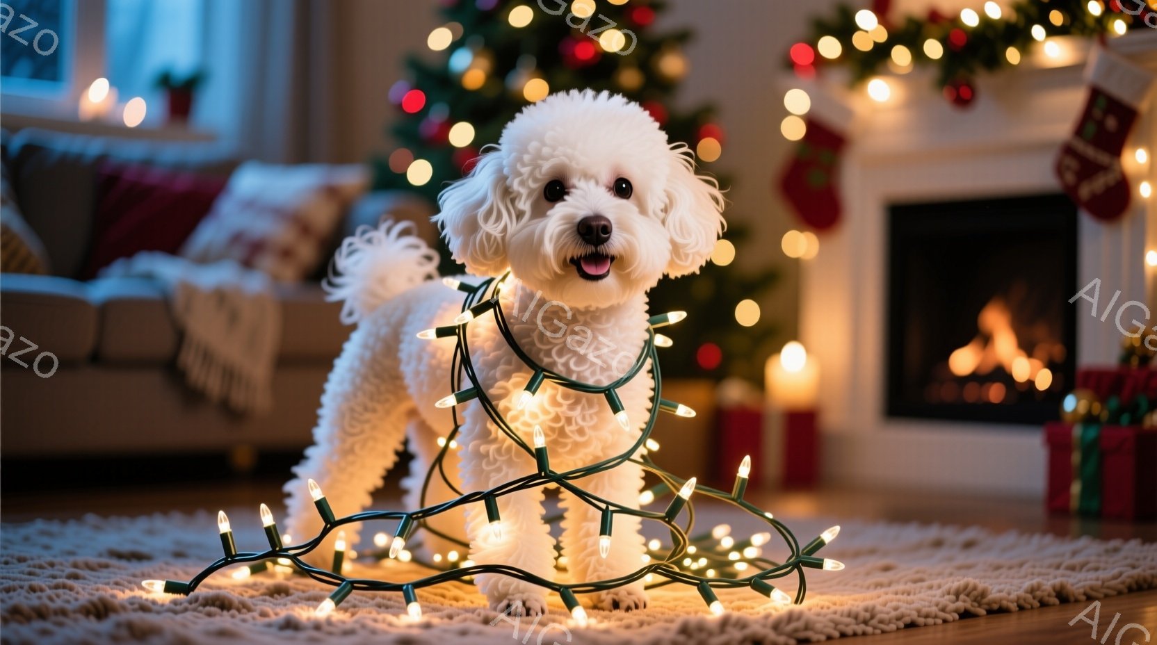 白い巻き毛の犬が、クリスマスツリー用の電飾のイルミネーションに絡まれて床に座っています。犬は口を開けて嬉しそうに微笑んでおり、リラックスした様子です。背景には、クリスマスツリー、暖炉、プレゼントの箱が - AI生成フリー素材