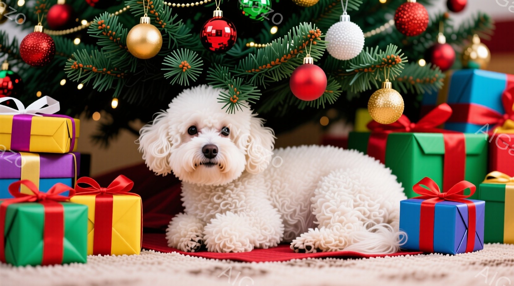 白い巻き毛の犬が赤い敷物の上に座っており、周囲にはカラフルなラッピングされたプレゼントの山が積み重ねられています。犬は前をまっすぐ見ており、穏やかで愛らしい表情をしています。背景にはクリスマスツリーが - AI生成フリー素材