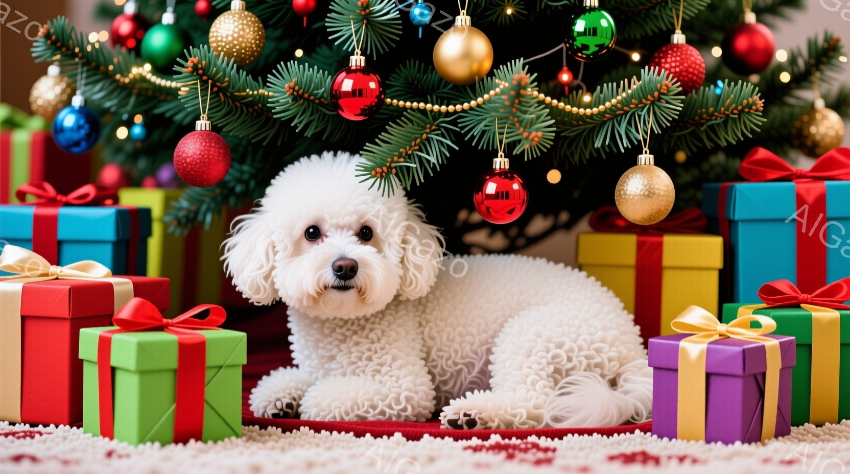 白い巻き毛の犬が赤い敷物の上に座っており、周囲にはカラフルなリボンで飾られたプレゼントの箱が並んでいます。クリスマスツリーが背景にあり、様々な色のオーナメントで飾られています。犬は正面を見つめており、 - AI生成フリー素材