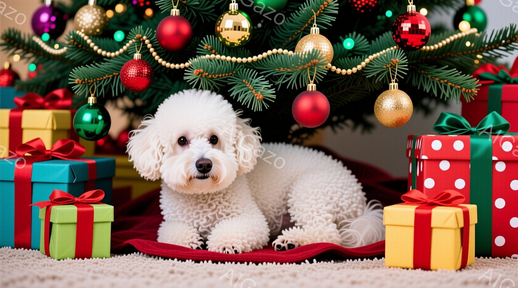 白い巻き毛の犬が赤い敷物の上に座っており、クリスマスツリーの飾りとプレゼントに囲まれています。犬は正面を見ており、穏やかでリラックスした表情をしています。背景には、赤、緑、金色のクリスマスツリーのオーナメントと、カラフルなリボンで飾られたプレゼントの山があります。