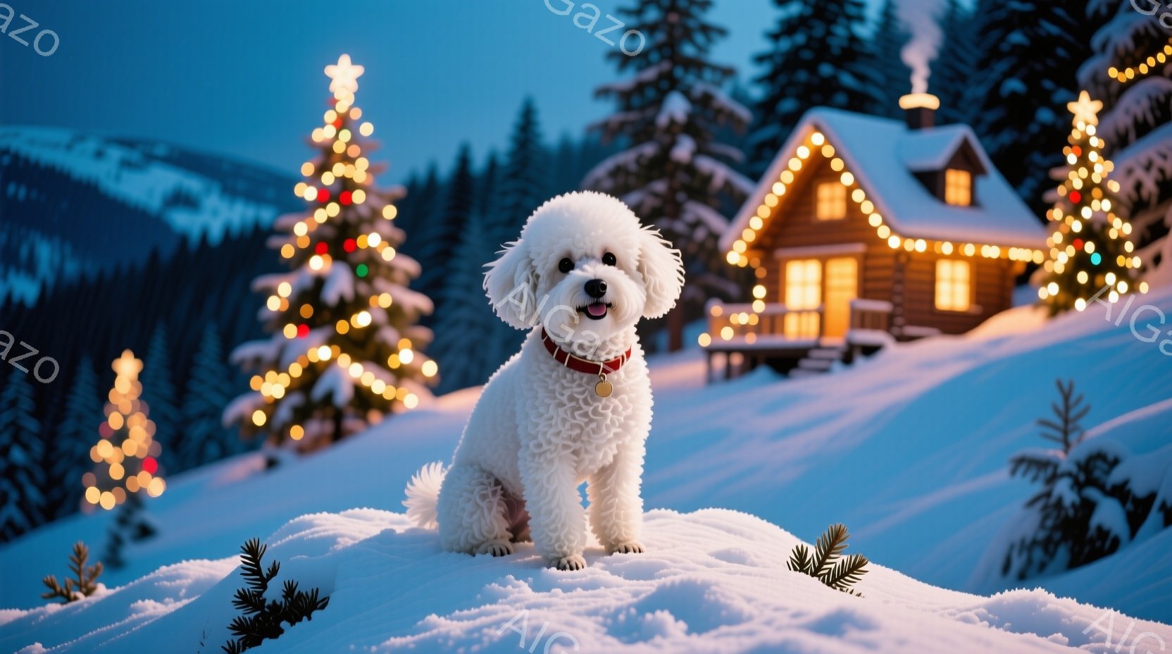 白い巻き毛の犬が雪の上に座っており、赤い首輪をつけている。背景には、ライトで飾られたクリスマスツリーと、暖かく光るログキャビンがあり、雪が降り積もった冬の風景が広がっている。全体的に温かく、お祝いの雰囲気が漂う、冬のワンダーランドのような情景である。