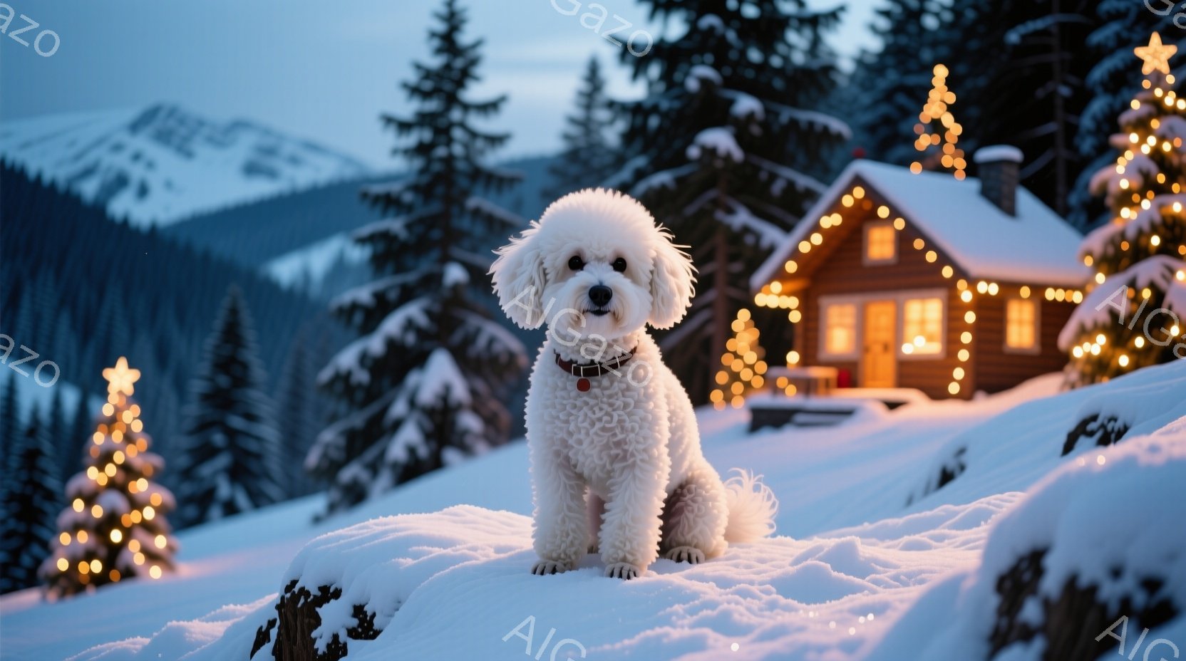 白い巻き毛の犬が雪の上に座っており、赤い首輪をつけている。背景には、クリスマスライトで飾られた小さな家と雪に覆われた針葉樹林があり、冬の穏やかで暖かい雰囲気が漂っている。雪景色と温かい光のコントラスト - AI生成フリー素材