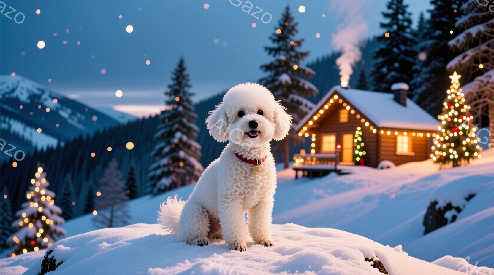 白い巻き毛の犬が雪の丘の上に座っており、赤い首輪をつけている。背景には、ライトアップされたクリスマスツリーと暖炉から煙が出ている、雪に覆われたログキャビンがあり、雪がちらついている。全体的に暖かく、お祝いの雰囲気で、冬のワンダーランドのような印象を受ける。
