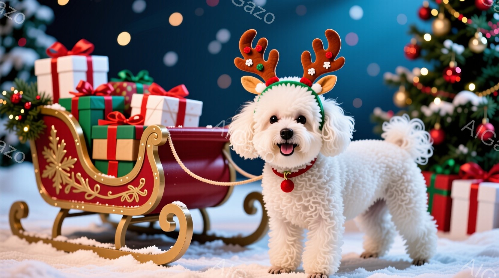 白い巻き毛の犬が、赤いトナカイの角飾りをつけて雪の上に立っています。背景には、プレゼントが積み上げられたそりや、飾られたクリスマスツリーが見え、キラキラと輝く雪が舞っています。犬は口を開けて笑顔で、陽 - AI生成フリー素材