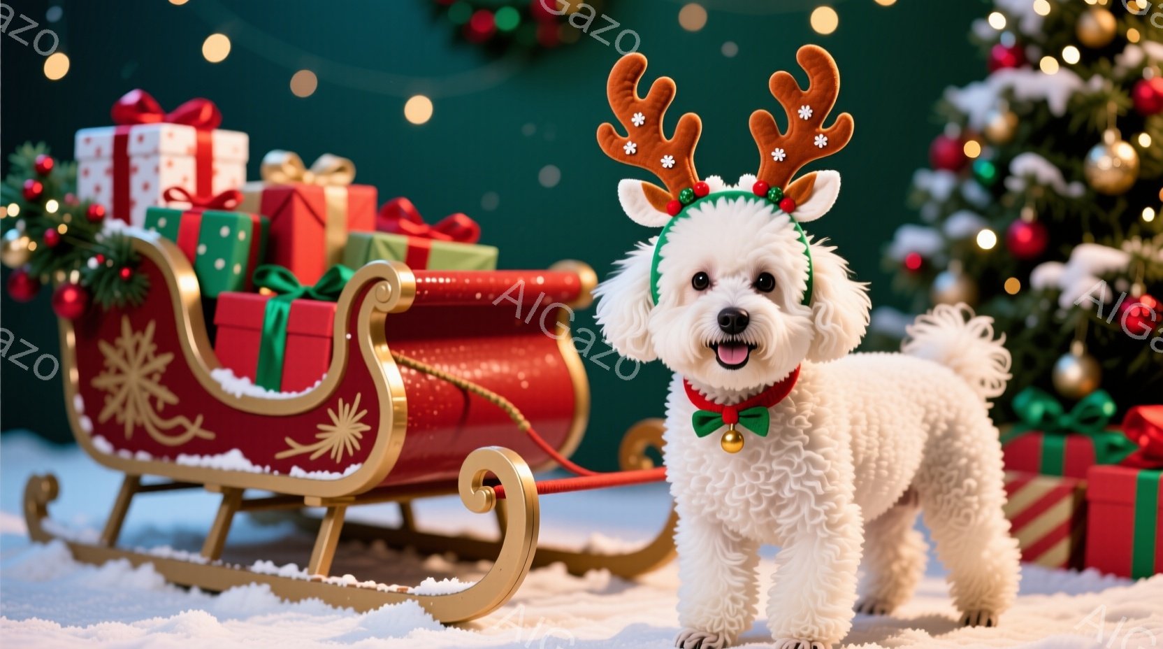 白い巻き毛の犬が、トナカイの角の飾りと緑色の蝶ネクタイをつけて、雪の上に立っている。背景には、赤いそりやカラフルなプレゼントボックス、そして装飾されたクリスマスツリーがあり、全体的に温かく、お祝いムー - AI生成フリー素材