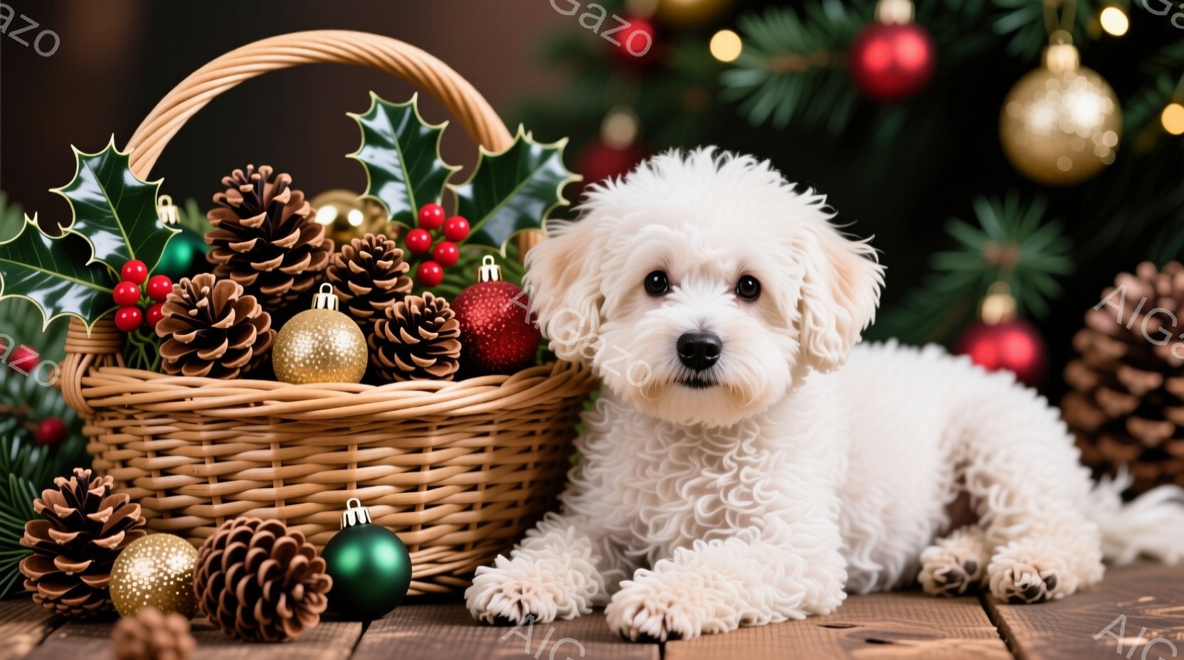 白い巻き毛の小さな犬が、クリスマスオーナメントと松ぼっくりが入った籐のバスケットの横に横たわっています。犬は穏やかな表情でカメラを見つめ、リラックスした姿勢で、背景にはぼやけたクリスマスツリーの飾りが - AI生成フリー素材