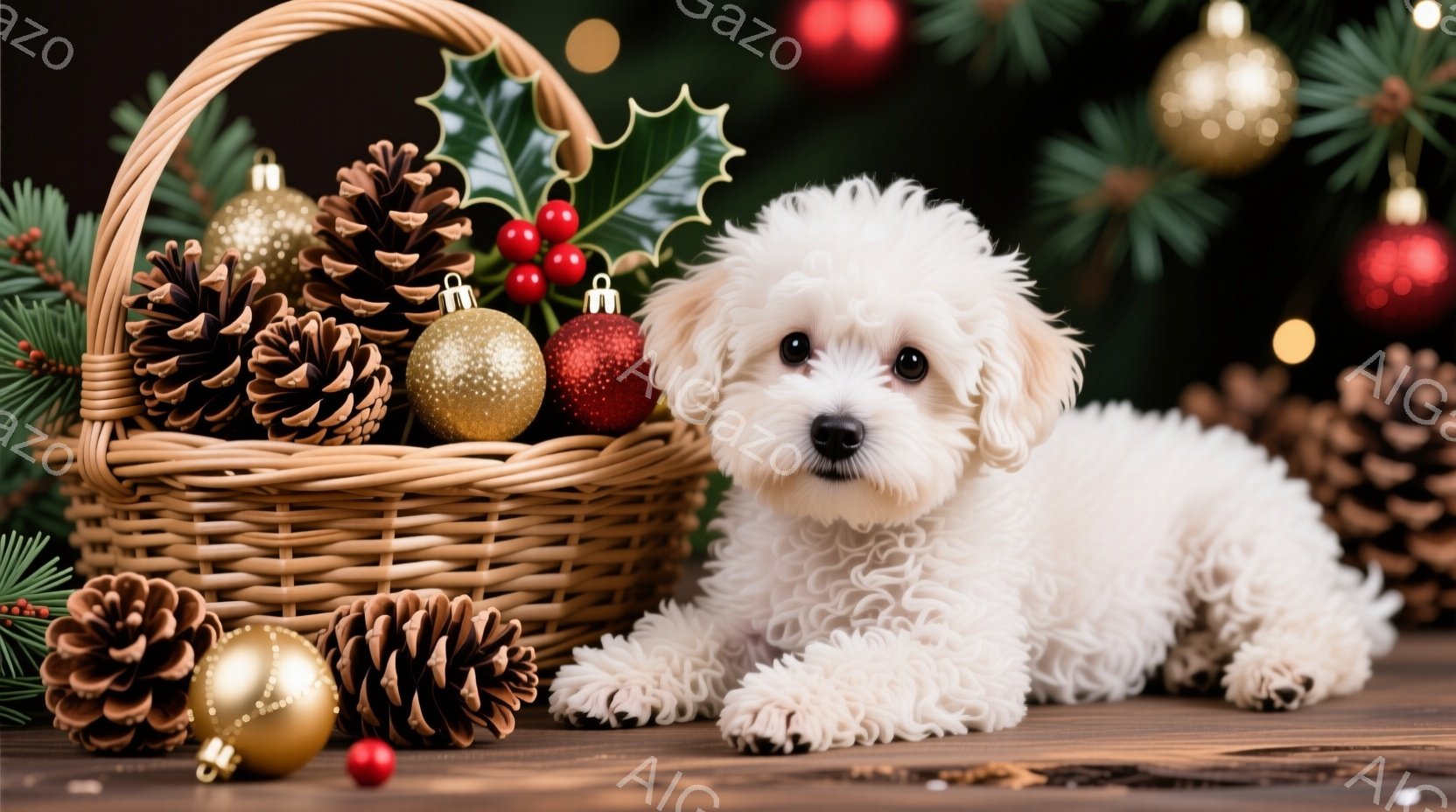 白い巻き毛の小さな犬が、クリスマスオーナメントや松ぼっくりが入ったバスケットの横に横たわっています。犬はリラックスした表情で、カメラの方を少し見つめています。背景には、クリスマスツリーの緑や赤い飾りが - AI生成フリー素材