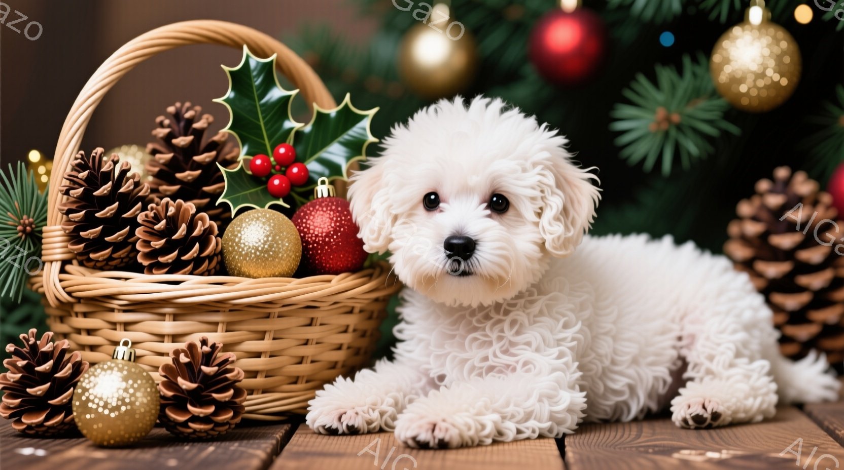 白い巻き毛の小さな犬が、木製のテーブルの上に横たわっています。周りには、松ぼっくりや赤い実のついた葉、金色のオーナメントが入った籐のバスケットが置かれ、背景にはクリスマスツリーの緑がぼんやりと見えます - AI生成フリー素材