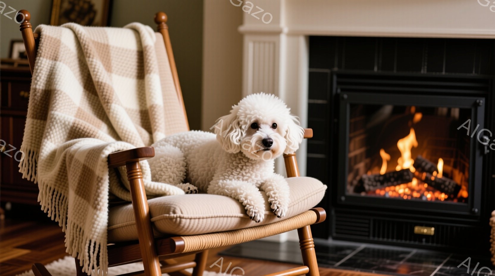 白い巻き毛の犬がロッキングチェアにゆったりと横たわっています。椅子には柔らかそうなベージュ色のブランケットがかけられており、犬はリラックスした表情でこちらを見ています。背景には暖炉があり、火が燃えてい - AI生成フリー素材
