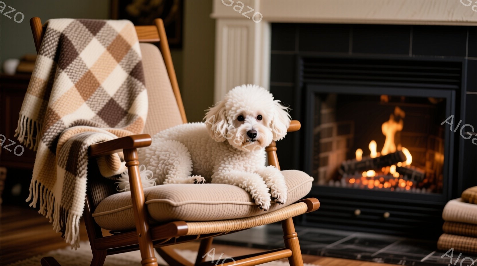 白いプードルが揺り椅子にゆったりと座っており、リラックスした表情を浮かべている。椅子の背もたれには、茶色とベージュのチェック柄のブランケットがかかっており、暖炉の炎が暖かく背景を照らしている。全体的に、穏やかで心地よい、冬の午後の雰囲気が漂っている。