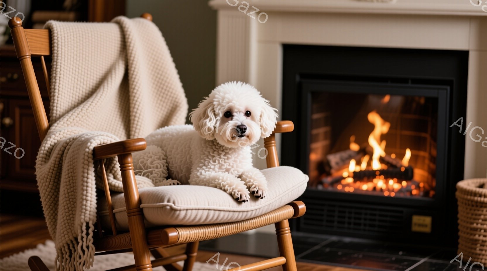 白い巻き毛の犬が、クッションの効いたロッキングチェアにゆったりと座っています。背景には暖炉があり、炎が暖かく灯っています。全体的に、居心地の良い、リラックスした雰囲気が漂っています。 - AI生成フリー素材