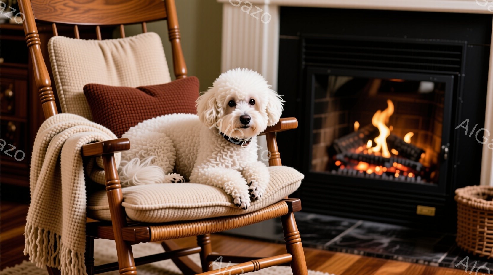 白いプードルが揺り椅子に座っており、リラックスした表情をしています。背景には暖炉があり、火が燃えていて温かい雰囲気を醸し出しています。椅子にはベージュ色のクッションとブランケットが置かれ、部屋全体が居心地の良い空間となっています。