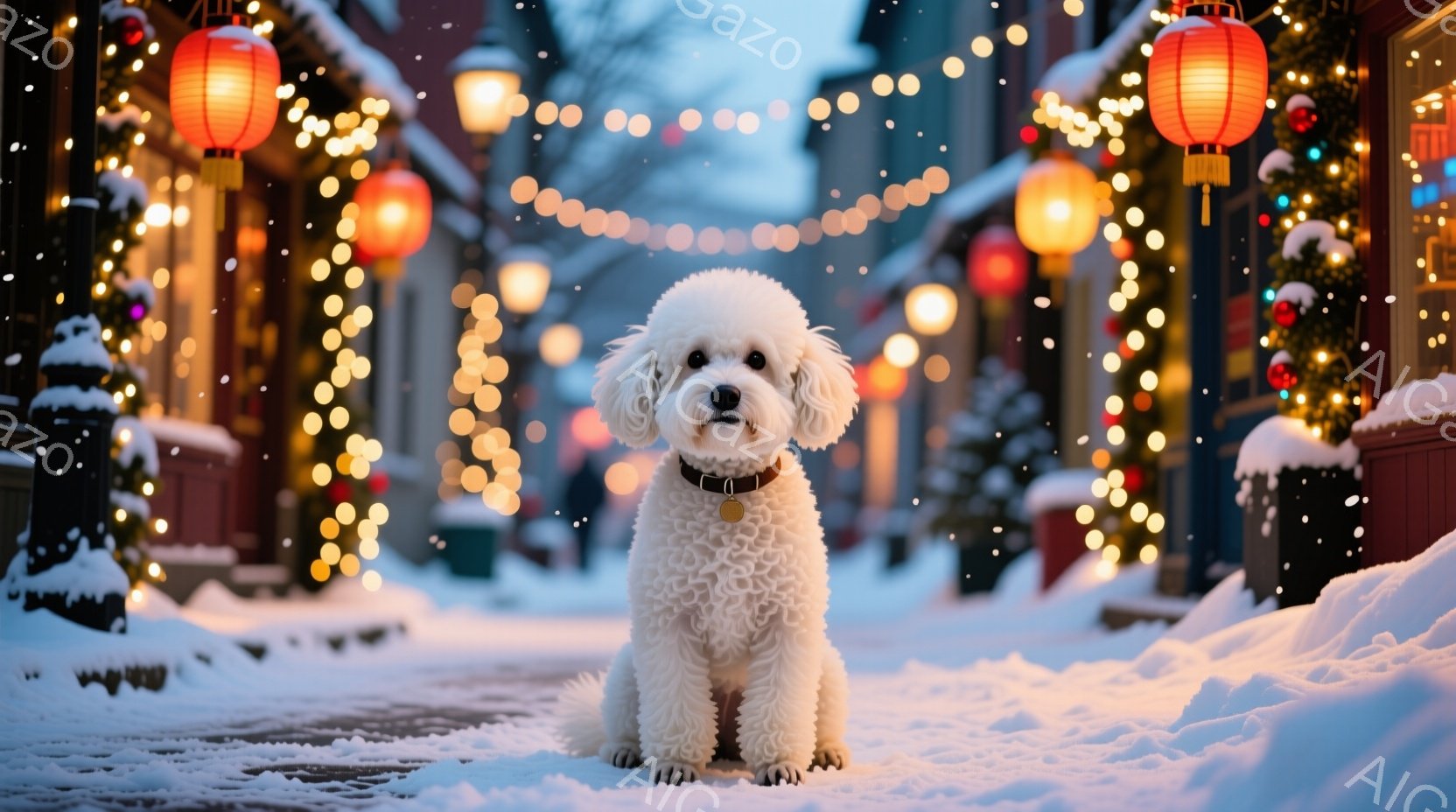 白い巻き毛の小型犬が雪に覆われた石畳の道に座っています。背景にはクリスマスの飾り付けがされた建物が並び、明るい光が灯っています。雪が舞い降りており、温かく、お祝いムードに満ちた冬の風景です。 - AI生成フリー素材