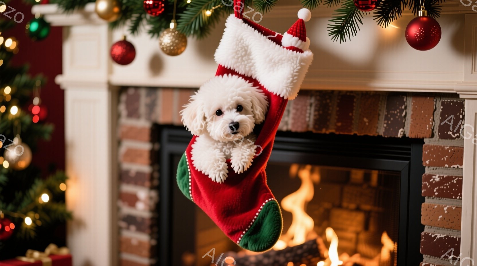 赤いクリスマスストッキングの中に白い犬が入っており、少し顔を覗かせています。背景には暖炉があり、火が燃えており、ストッキングはレンガ造りの壁に取り付けられています。全体的に温かく、可愛らしいクリスマスの雰囲気が漂っています。