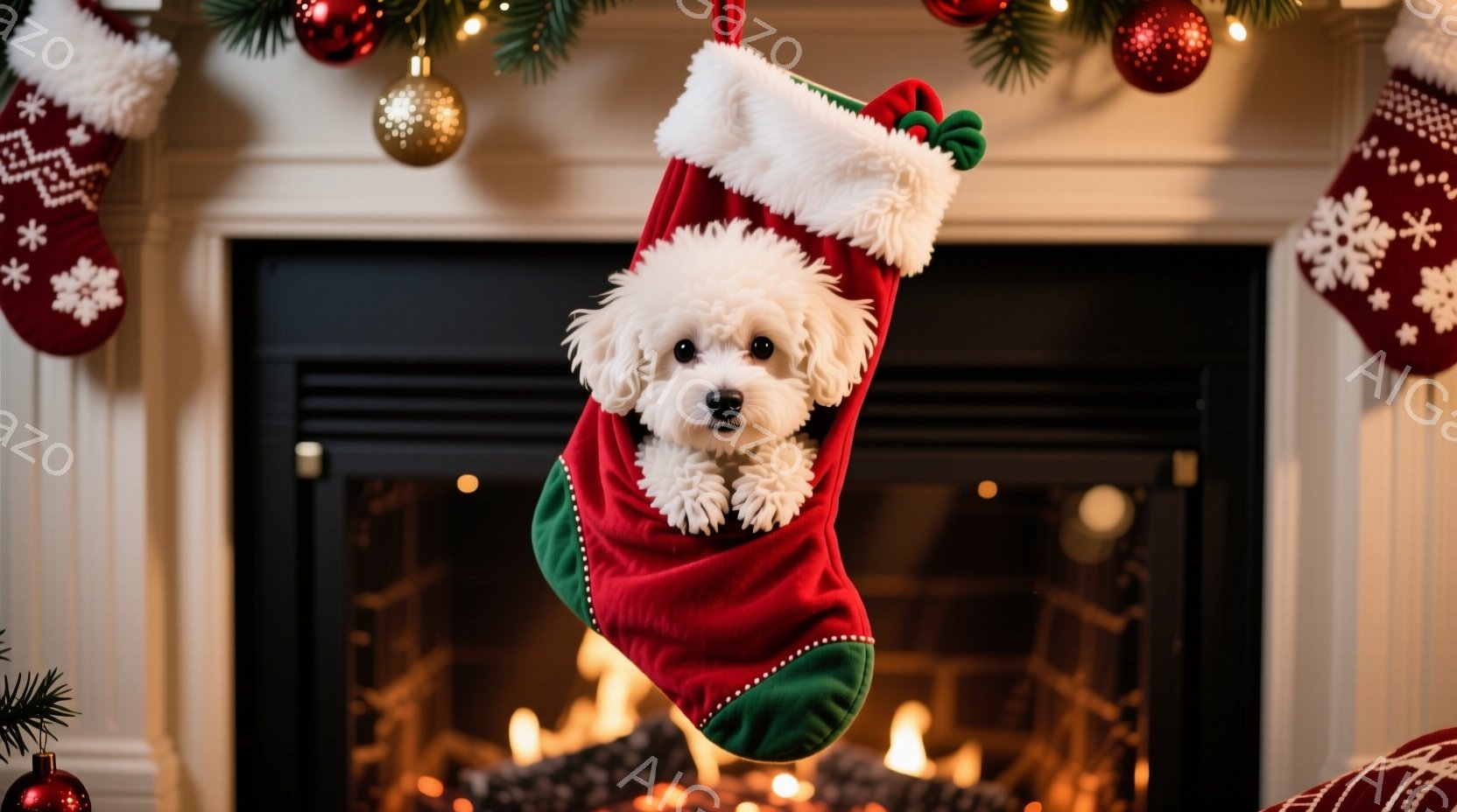 白い巻き毛の犬が、赤いクリスマスストッキングの中にちょこんと座っています。暖炉の火が灯っており、背景にはクリスマスオーナメントが飾られ、温かく幸せなクリスマスの雰囲気が漂っています。犬は少し不安そうに見えますが、可愛らしい表情で見る人の心を掴みます。