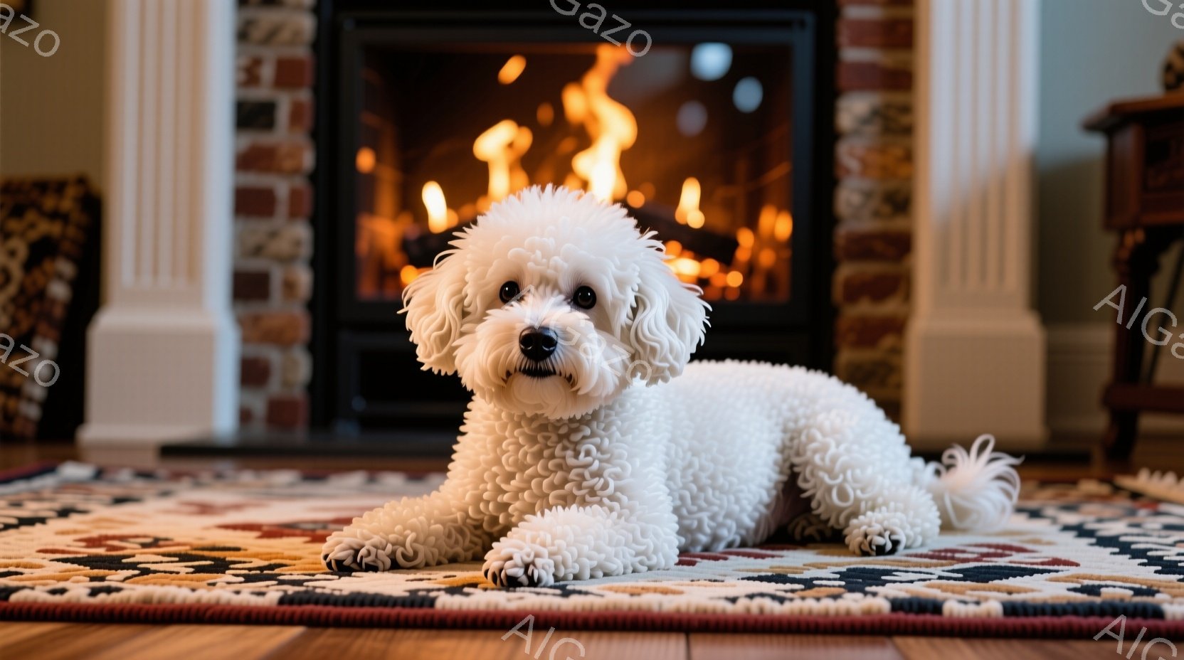 白い巻き毛の犬が、色とりどりのペルシャ絨毯の上に横たわっています。犬は正面を向いており、少し微笑んでいるような表情で、リラックスした様子が伺えます。背景には暖炉があり、炎が暖かく灯っており、居心地の良 - AI生成フリー素材