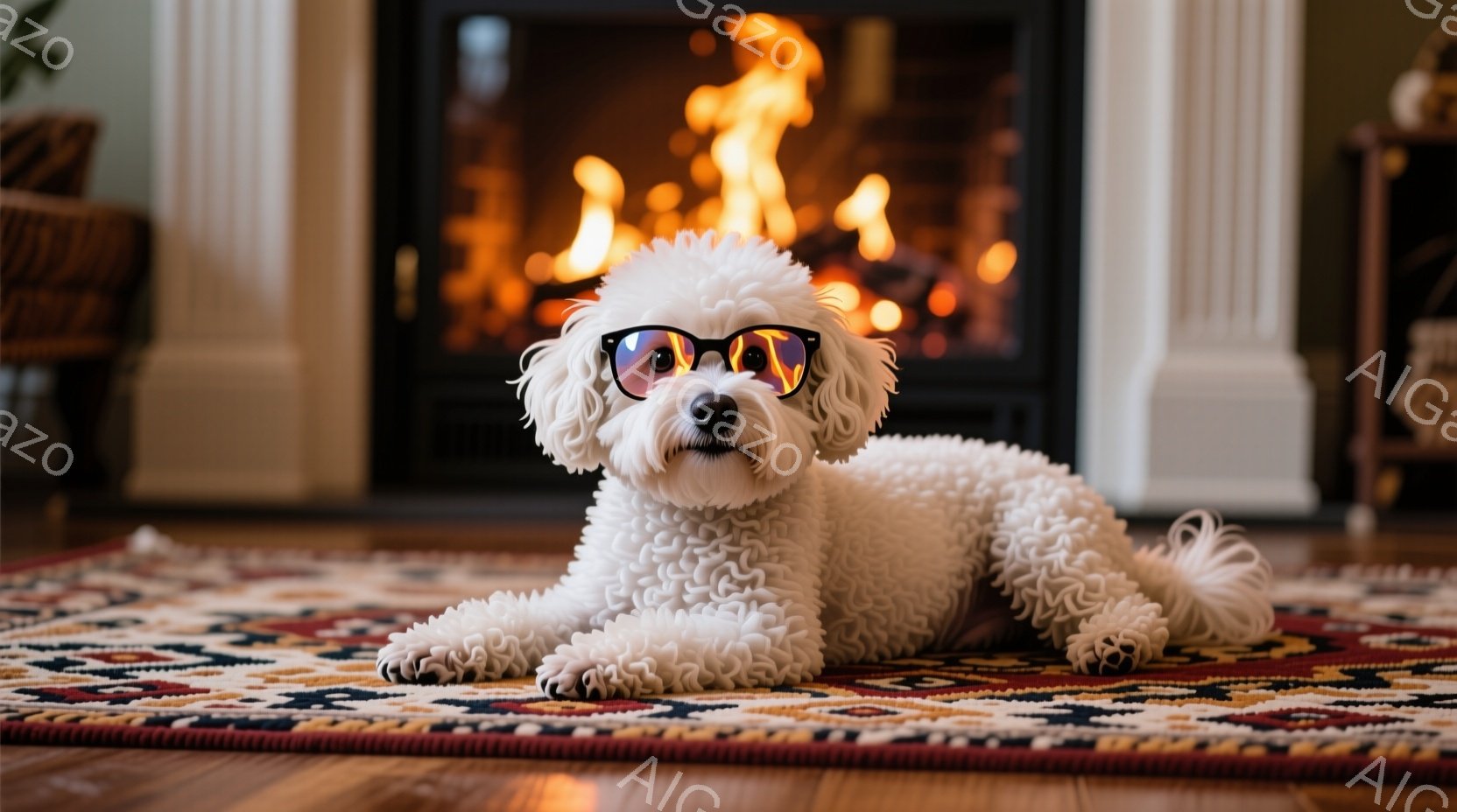 白い巻き毛の犬が、赤いフレームのサングラスをかけ、ペルシャ絨毯の上に横たわっています。背景には暖炉があり、炎が燃え盛って暖かく心地よい雰囲気を醸し出しています。全体的に、リラックスした可愛らしい光景で、犬の遊び心のある表情が印象的です。