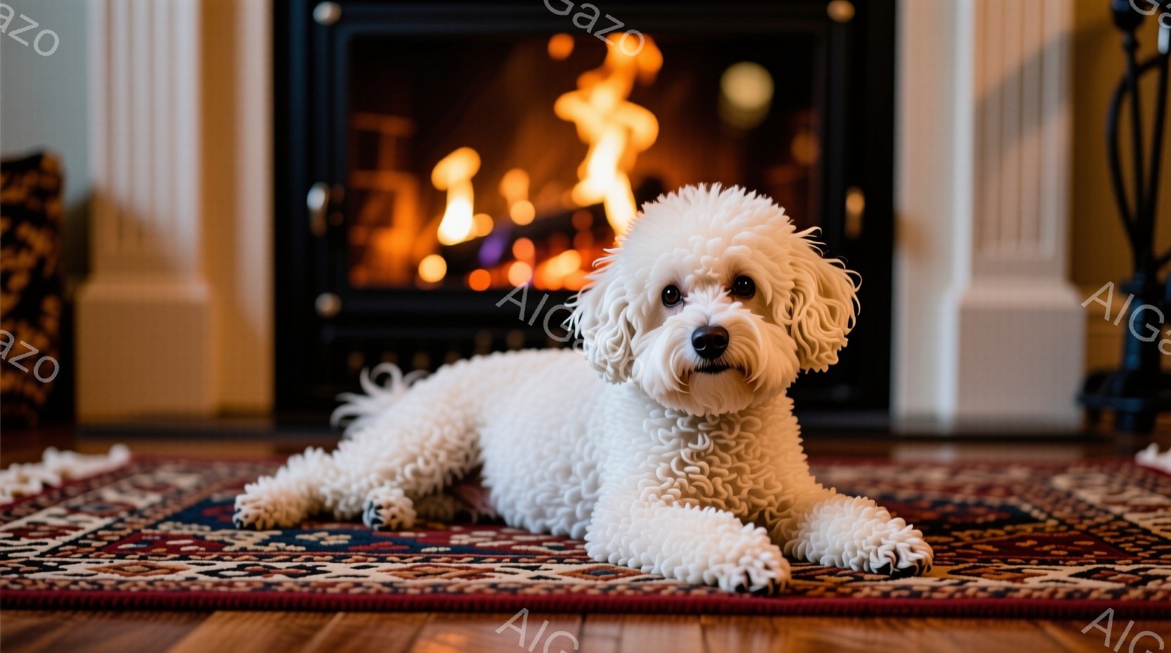 白い巻き毛の犬が、伝統的な模様の絨毯の上でリラックスして横たわっています。犬はカメラに向かって少し微笑んでいるように見え、その表情は穏やかで愛らしいです。背景には暖炉があり、炎が燃えており、部屋全体に - AI生成フリー素材