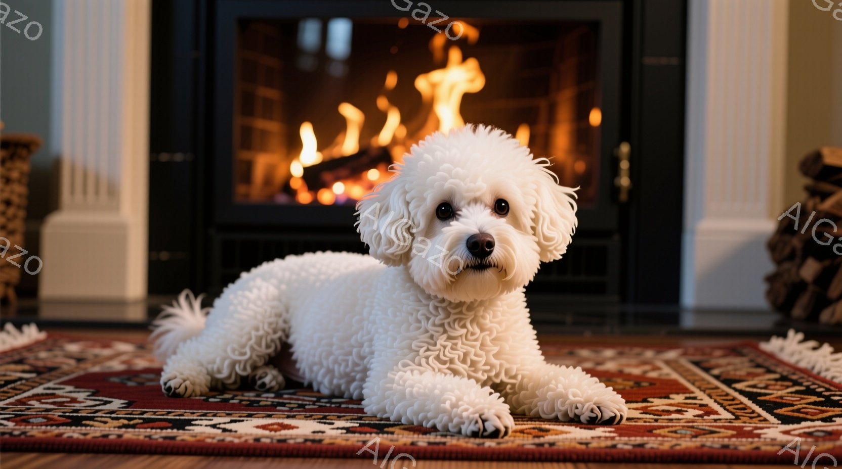 白い巻き毛の犬が、赤い模様の絨毯の上に横たわっています。犬は前足を伸ばし、リラックスした表情でカメラを見つめており、穏やかな雰囲気を醸し出しています。背景には黒い暖炉があり、炎が燃えており、暖かく居心 - AI生成フリー素材