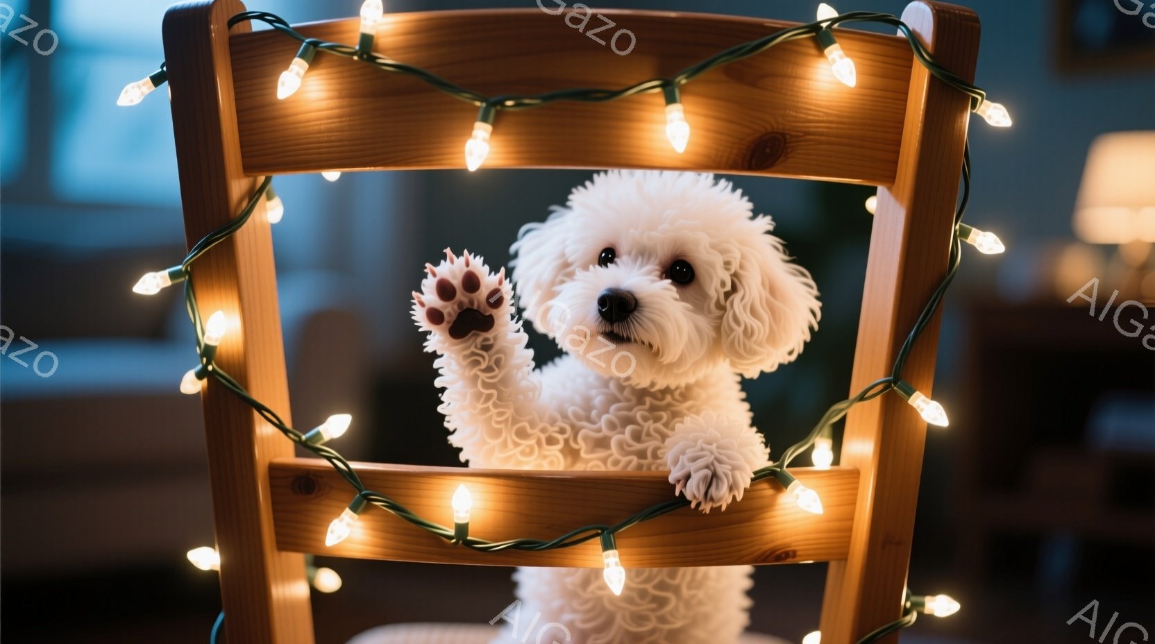 白い巻き毛の犬が木の椅子に前足をかけて座っており、片手を上げています。背景には、暖かい光を放つクリスマスツリーのような電飾が椅子を飾り、室内はぼんやりとした光で満たされています。全体的に、暖かく、遊び - AI生成フリー素材