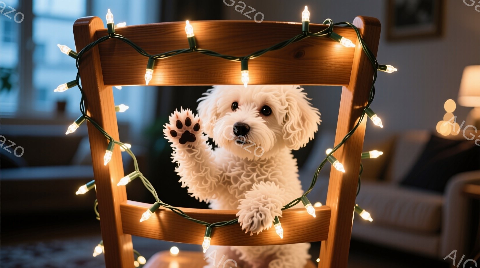 白い巻き毛の犬が、背もたれと座面で構成された木製の椅子から顔を出し、片手を上げています。周りには温かみのある電飾が巻き付けられ、背景にはぼやけたリビングルームの様子が見え、リラックスした家庭的な雰囲気 - AI生成フリー素材