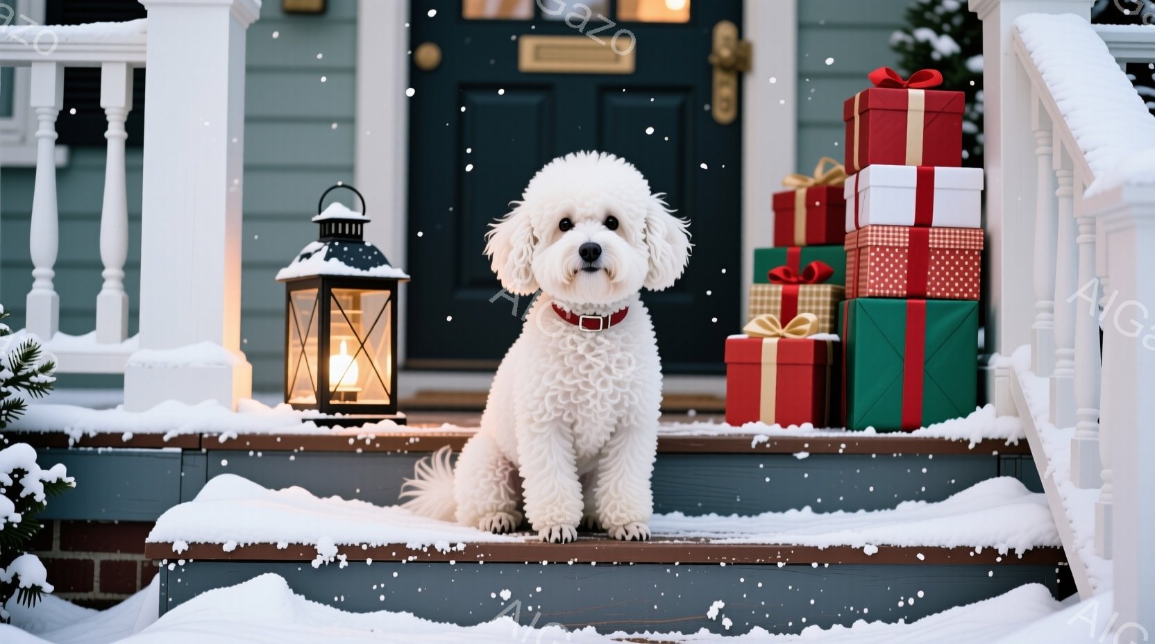 白い巻き毛の犬が、雪が積もった家の階段に座っています。赤い首輪をつけており、穏やかな表情で正面を見ています。背景には、ラッピングされたプレゼントの山と、灯りのついたランタンがあり、冬の穏やかで暖かい雰 - AI生成フリー素材