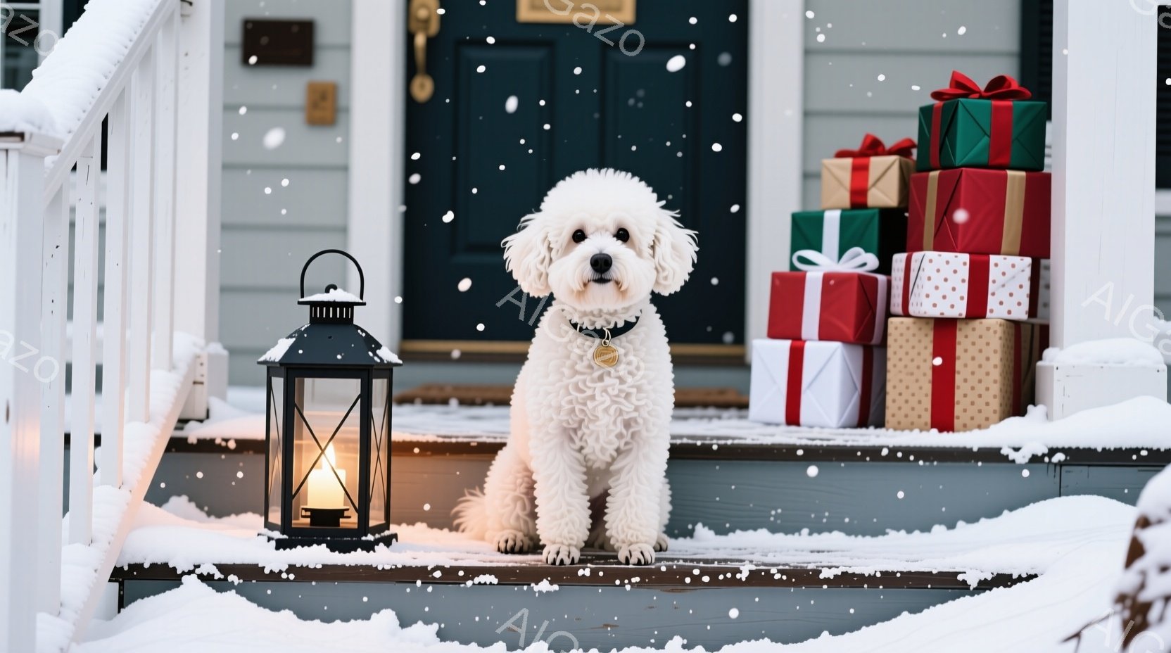 白い巻き毛の犬が、雪で覆われた家の階段に座っています。犬は落ち着いた表情で、首輪をつけています。背景には、包装されたプレゼントの山と、灯りがともったランタンがあり、冬の暖かく穏やかな雰囲気を醸し出して - AI生成フリー素材