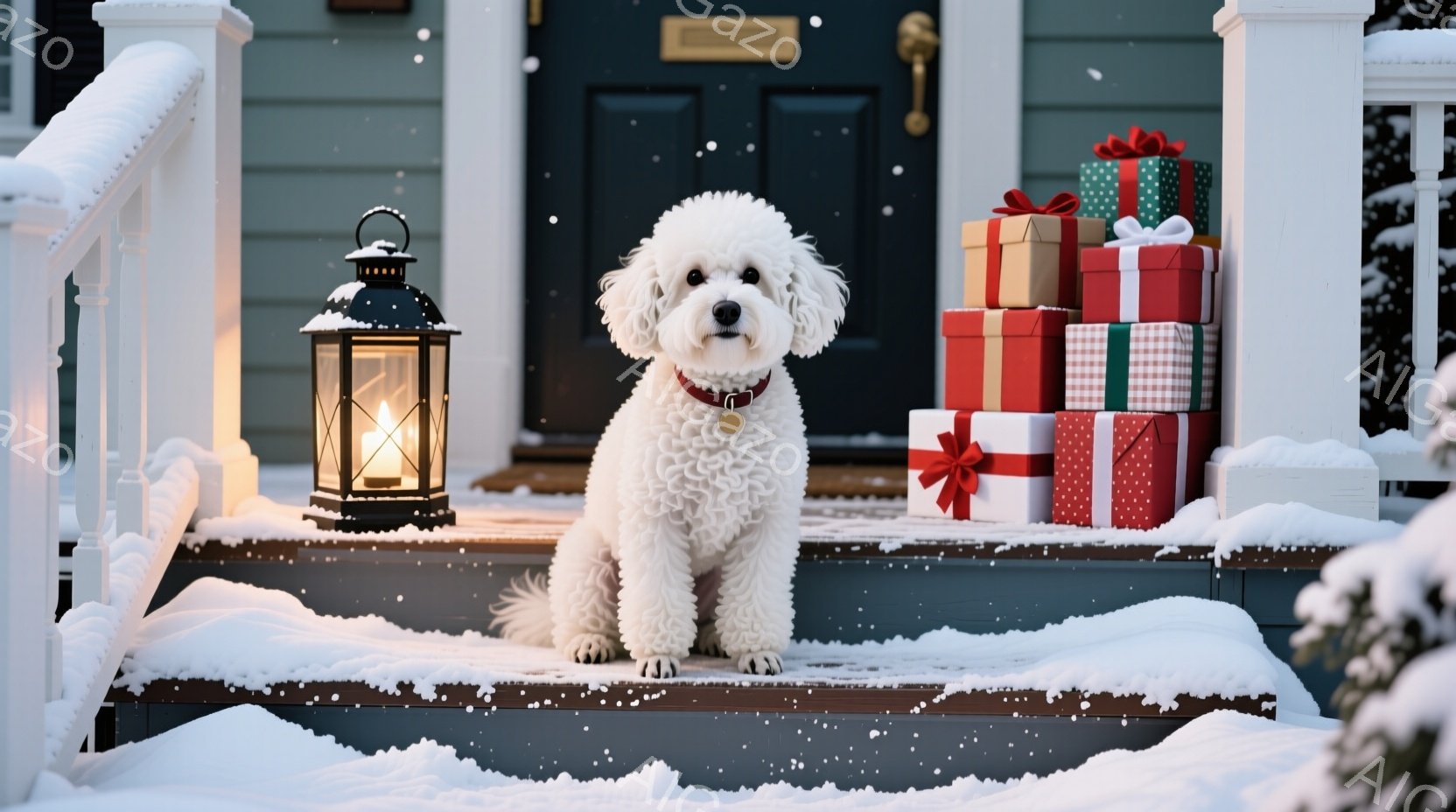 白い巻き毛の犬が、雪で覆われた家の階段に座っています。赤い首輪をつけており、穏やかな表情で正面を見つめています。背景にはプレゼントの山が積み上げられ、暖かく光るランタンが置かれ、雪が舞う冬の暖かい雰囲 - AI生成フリー素材