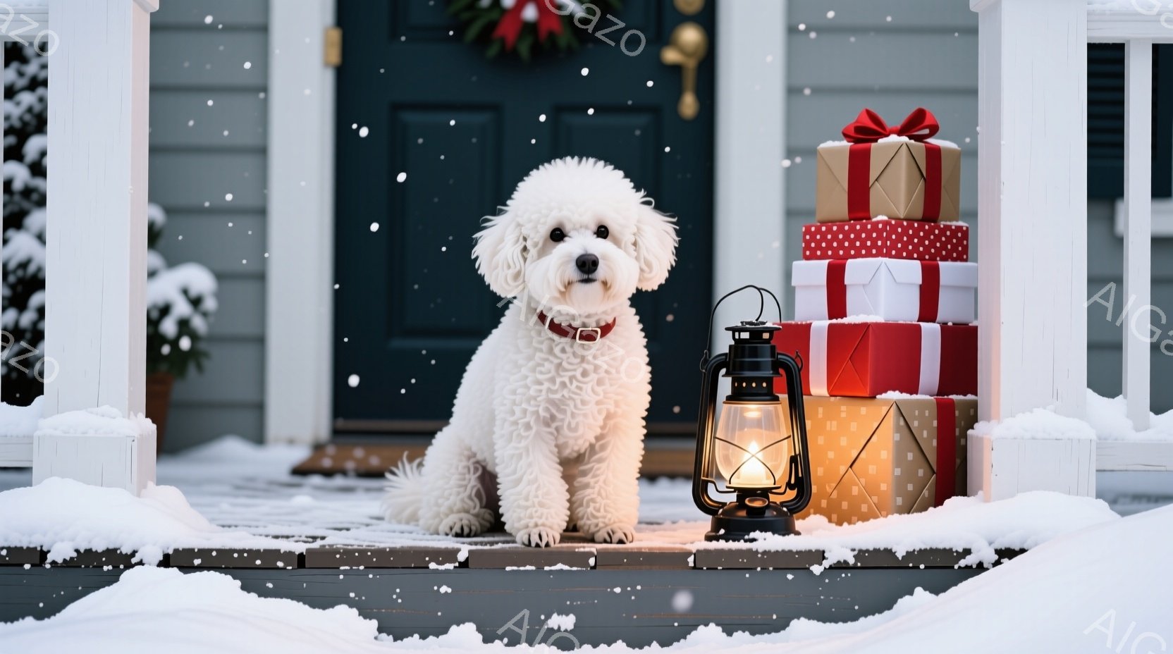 白い巻き毛の犬が、雪が積もった家の玄関の段に座っています。赤い首輪をつけており、穏やかな表情でカメラを見ています。背景には、プレゼントの山と、点灯したランタン、そしてクリスマスリースが飾られた玄関ドア - AI生成フリー素材