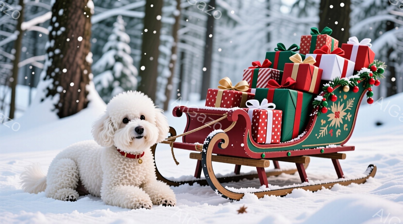 白い巻き毛の犬が雪の上に座り、赤い首輪をつけています。その隣には、緑、赤、金色の包装紙で飾られたプレゼントがたくさん積まれた、伝統的な赤いそりが置かれています。背景には雪景色が広がり、木々が立ち並び、 - AI生成フリー素材