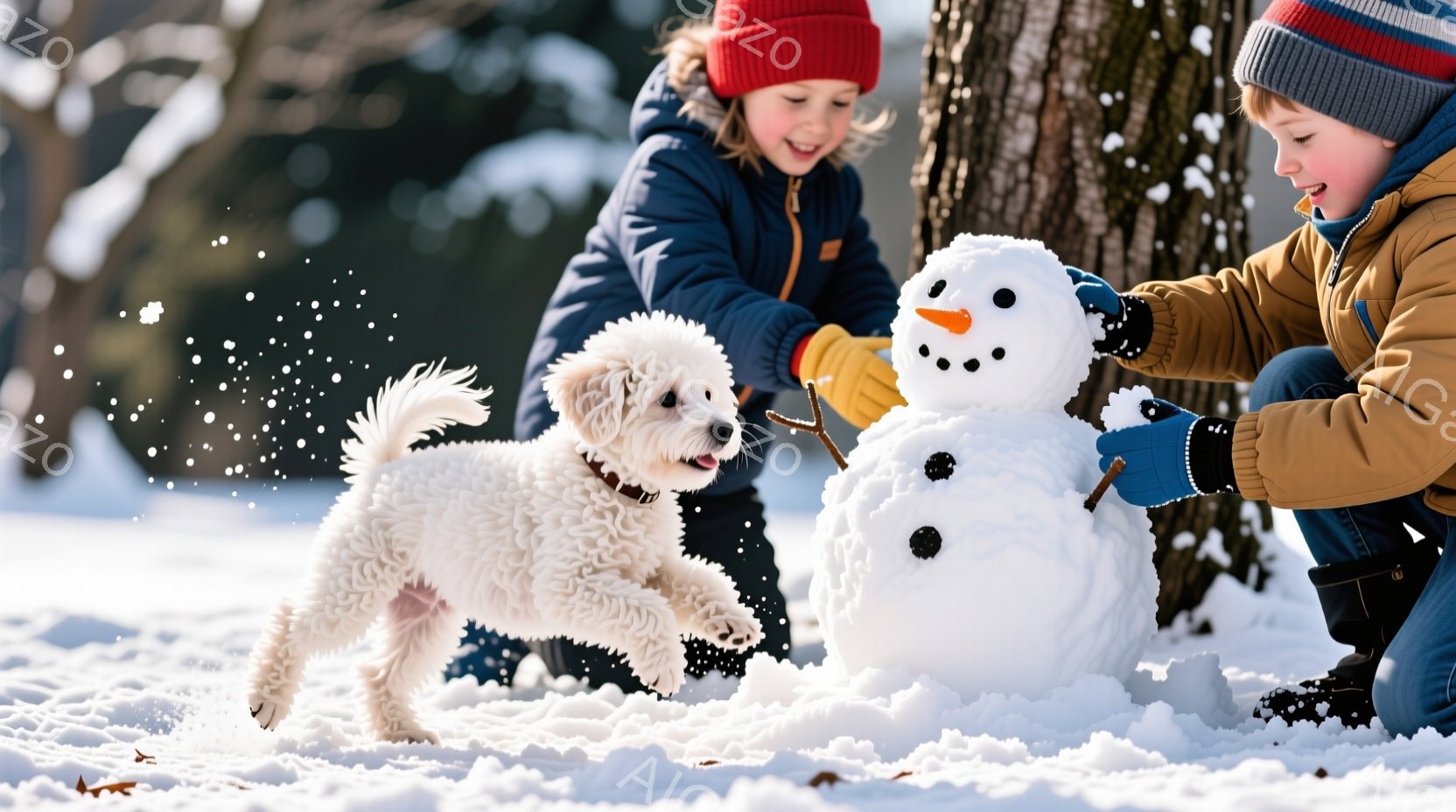 雪景色の中で、少年が雪だるまの顔を作っています。彼は赤いニット帽をかぶり、茶色のジャンパーと濃いズボンを着ており、顔には笑顔が浮かんでいます。白いふわふわの犬が嬉しそうに跳ね回り、雪景色の中で活気に満 - AI生成フリー素材