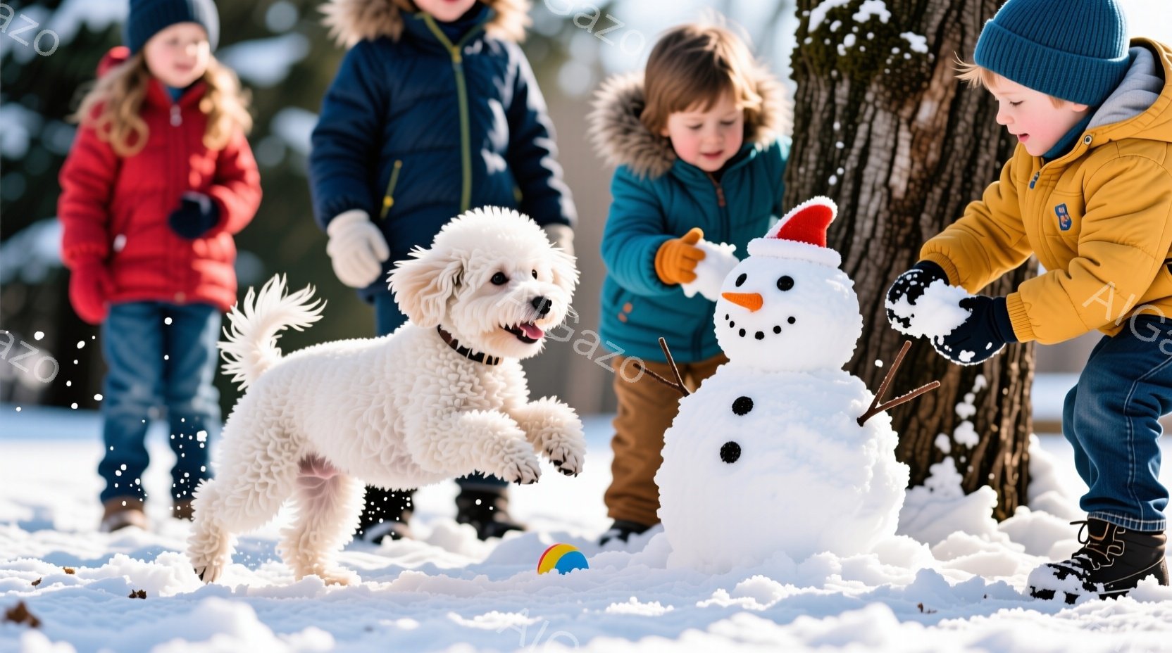 雪景色の中で、子供達が雪だるまを作っており、白い巻き毛の犬が嬉しそうに飛び跳ねています。子供たちは冬用の厚手のジャケットと帽子を着用し、雪だるまに枝やボタンを飾り付けています。背景には木々が見え、雪が - AI生成フリー素材