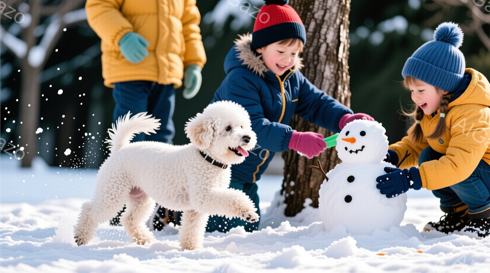 雪景色の中で、少年と少女が雪だるまを作っています。少年は赤い帽子と青いジャケットを着て笑顔で雪だるまの顔を飾り付け、少女は黄色のジャケットを着て、雪だるまの手に黒い石を付けています。背景には木々と雪が - AI生成フリー素材