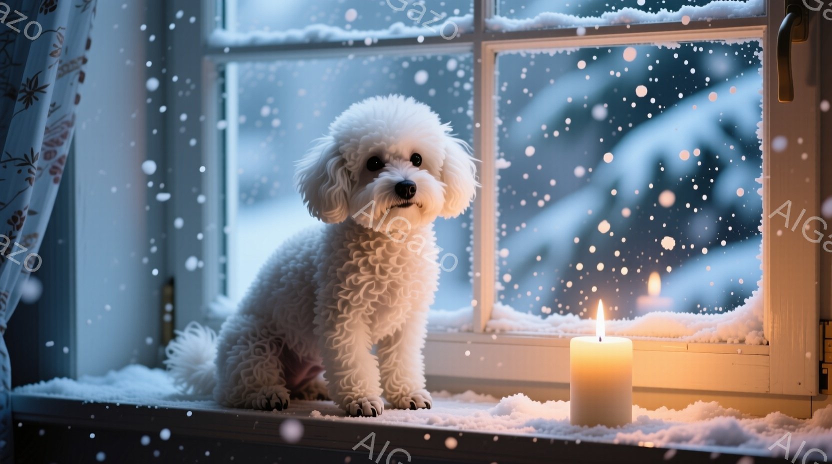 白いビション・フリーゼが雪の降る窓辺に座っています。窓枠には雪が積もり、暖かく光るキャンドルが置かれています。外は雪景色で、穏やかで冬の雰囲気を感じさせます。 - AI生成フリー素材