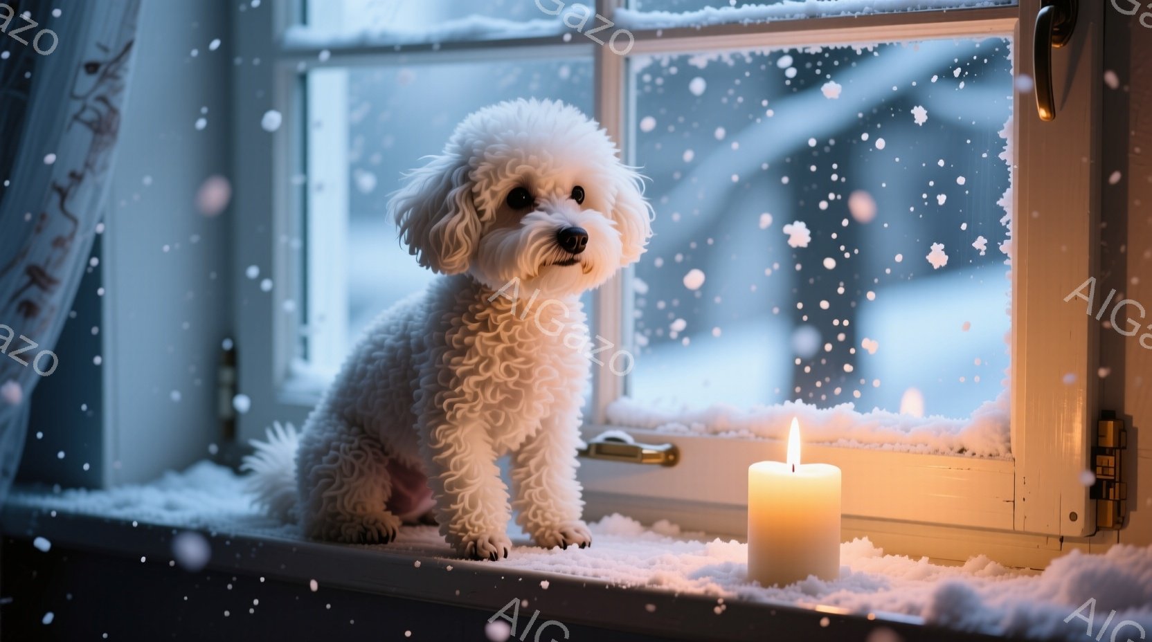 ふわふわの白い巻き毛の犬が、雪が降る窓辺に座っています。犬は正面をまっすぐ見ており、少し警戒しているような表情をしています。背景には雪景色が見え、暖かく光るキャンドルが犬の隣に置かれ、静かで穏やかな冬 - AI生成フリー素材