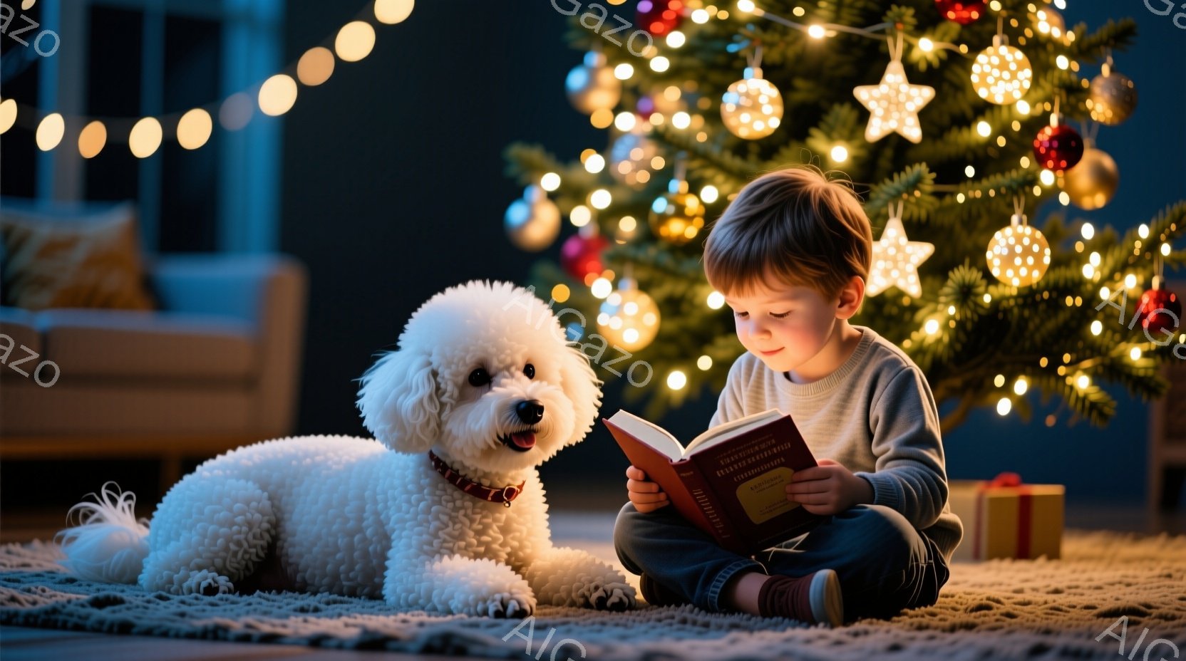 小さな少年が床に座り、本を熱心に読んでいます。彼はグレーのセーターと赤いズボンを着用し、茶色の髪は少し無造作に整えられています。背景には、装飾されたクリスマスツリーとプレゼントの箱が置かれ、暖かく穏や - AI生成フリー素材