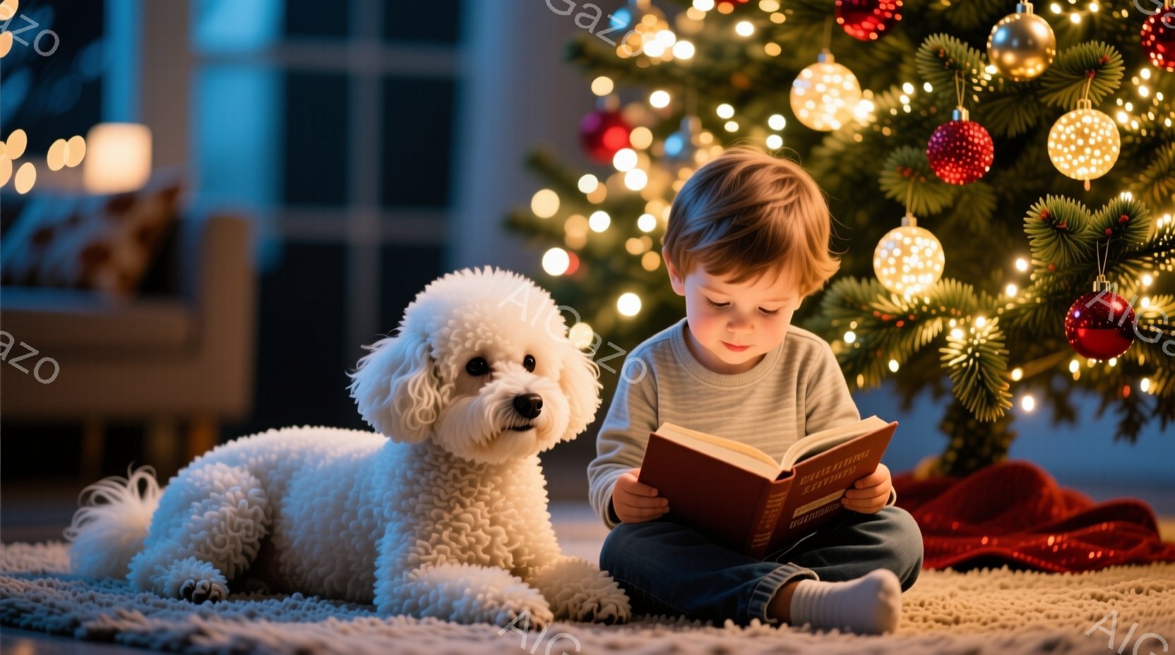 少年は赤い敷物の上で本を読み、白いふわふわの犬が横に寄り添っています。少年はグレーの長袖シャツとダークブルーのズボンを着用し、茶色の髪は少し乱れています。背景にはクリスマスツリーが輝き、温かく幸せな雰囲気を醸し出しています。