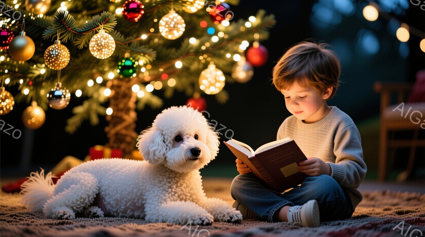 少年は床に座り、本を熱心に読んでいる。白いふわふわの犬が少年の横に横たわり、リラックスしている。背景にはクリスマスツリーが飾られ、暖かい光が部屋全体を照らし、穏やかで心地よい雰囲気を醸し出している。 - AI生成フリー素材