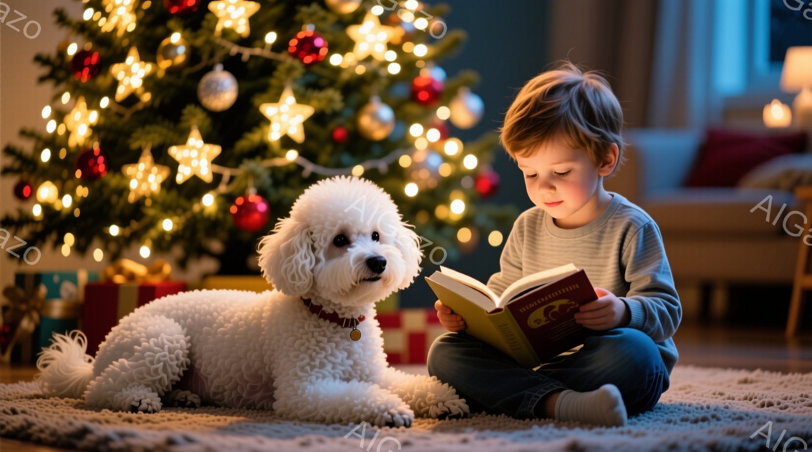 少年は床に座り、本を熱心に読んでいる。白いふわふわの犬が少年の隣でリラックスして横たわっており、赤い首輪をつけている。背景には、飾り付けられたクリスマスツリーがあり、暖かく居心地の良い雰囲気を作り出し - AI生成フリー素材