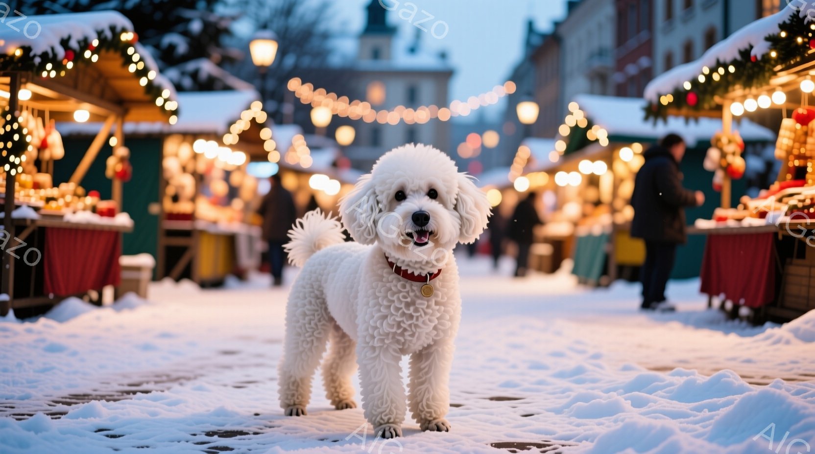 白い巻き毛の犬が雪の上に立っており、赤い首輪をしています。背景には、クリスマスマーケットのような賑やかな雰囲気があり、屋台が並び、キラキラと輝くイルミネーションが飾られています。雪が降っており、全体的 - AI生成フリー素材