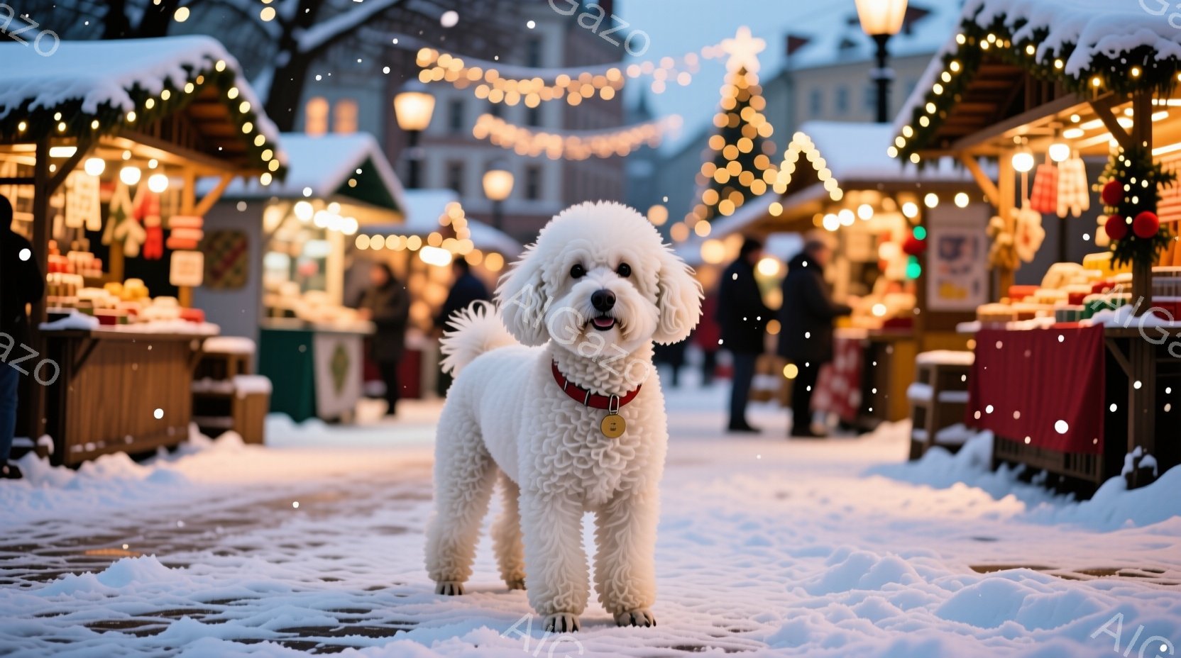 白い巻き毛のトイプードルが雪の降る祭りの通りで正面を向いて立っている。赤い首輪と金色のタグをつけており、毛並みがふわふわとしていて可愛らしい。背景には、クリスマスの飾り付けがされた屋台が並び、ぼんやりとした光の中で温かく華やかな雰囲気が漂っている。