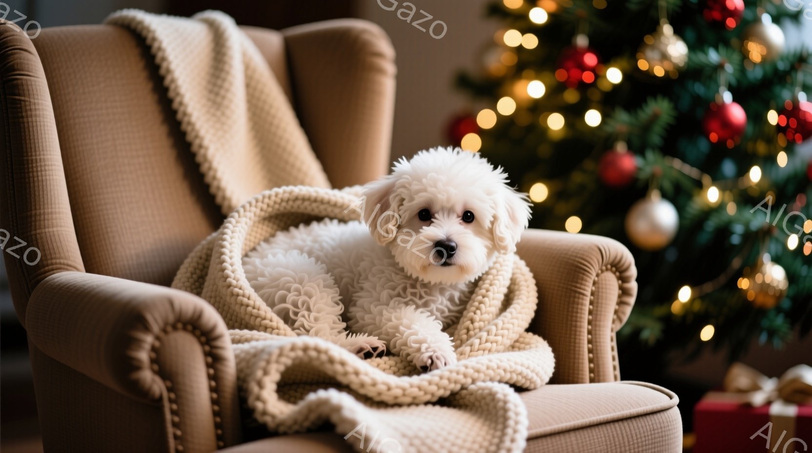 白いふわふわの犬が、クリーム色の肘掛け椅子の座席に丸まって座っています。犬は穏やかな表情で、体にざっくりと編まれたベージュのブランケットをかけて暖をとっています。背景には、ぼやけたクリスマスツリーとプ - AI生成フリー素材