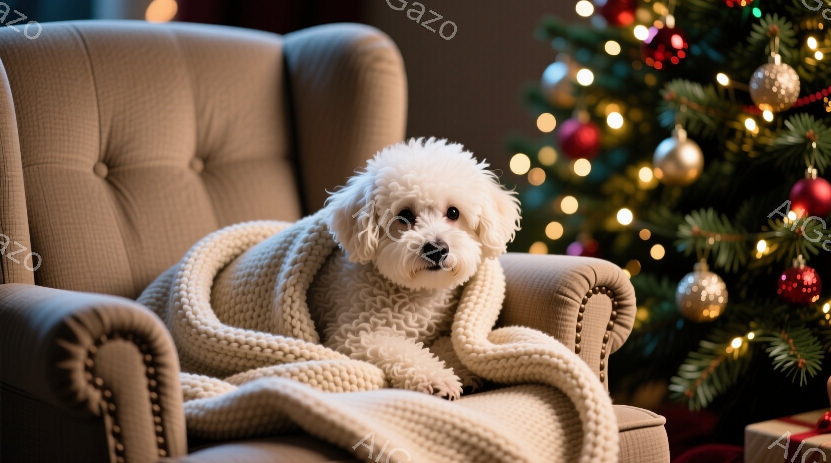 白い巻き毛の犬が、クリーム色の肘掛け椅子の座席に丸まって座っています。犬は柔らかそうな白いニットのブランケットに包まれ、リラックスした表情でこちらを見ています。背景には、クリスマスツリーの光と、プレゼ - AI生成フリー素材