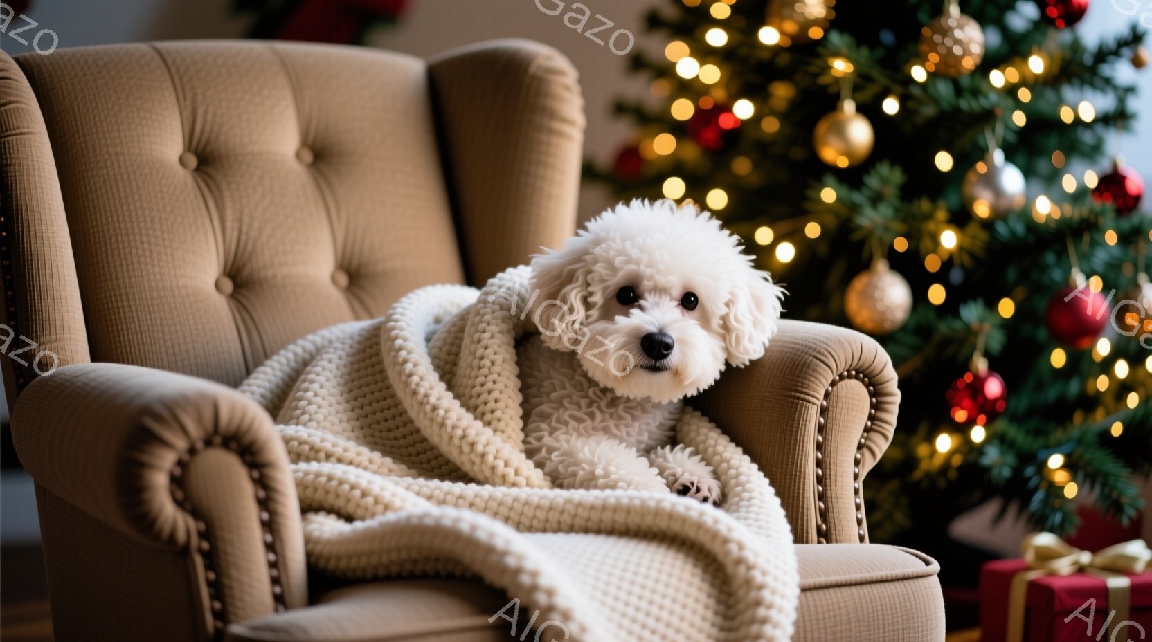 雪に覆われた家の玄関先に、灰色のワイマラナーのような犬が立っている。赤い首輪をつけ、前足をわずかに広げてまっすぐ前を見据えている。背景にはクリスマスリースが飾られた紺色のドアがあり、雪景色と灯りの温か - AI生成フリー素材