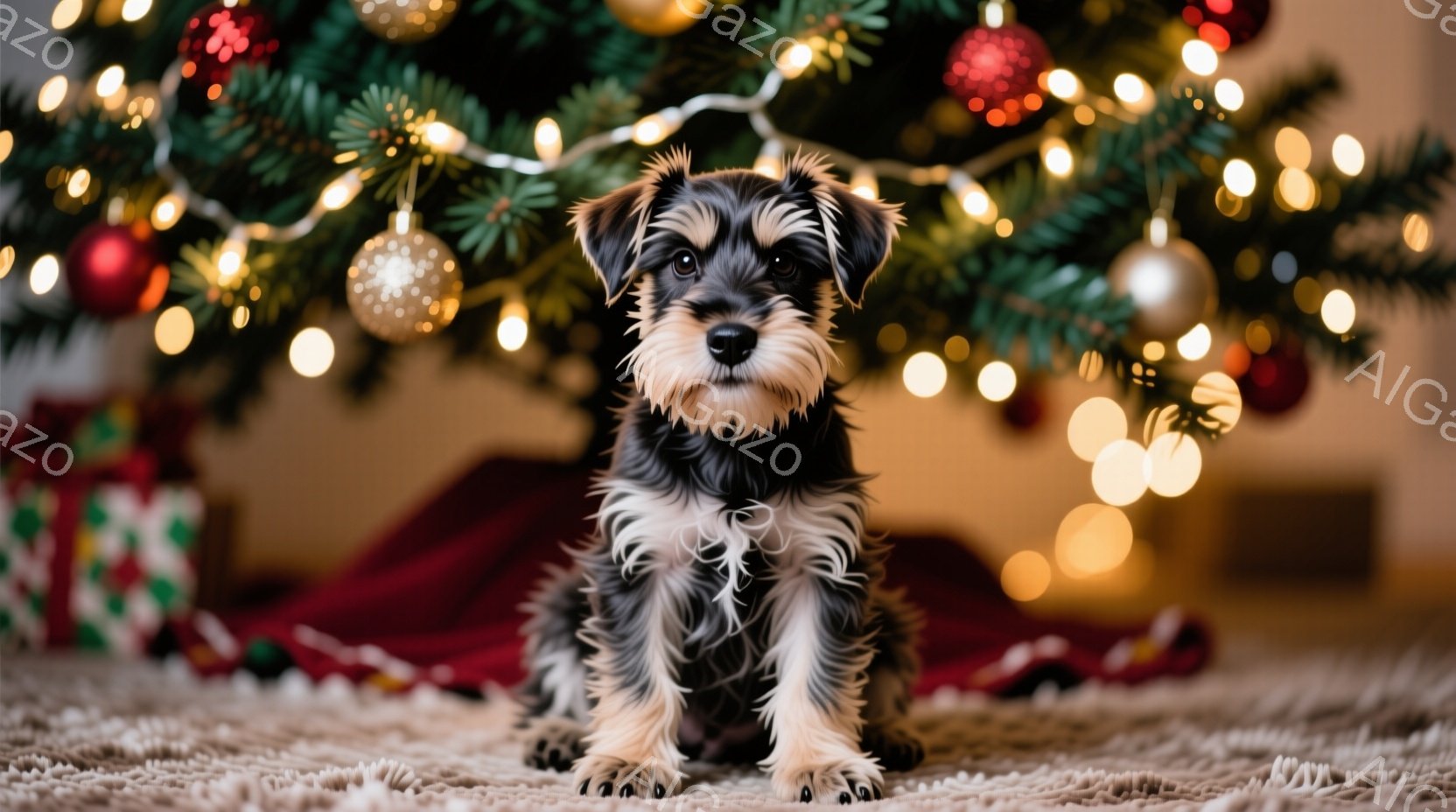 小さな黒と白のテリア犬が、クリスマスツリーの前に座っています。犬は前足を揃え、少し前を見つめており、穏やかで可愛らしい表情をしています。背景には、赤いオーナメントとキラキラと輝くライトで飾られたクリス - AI生成フリー素材